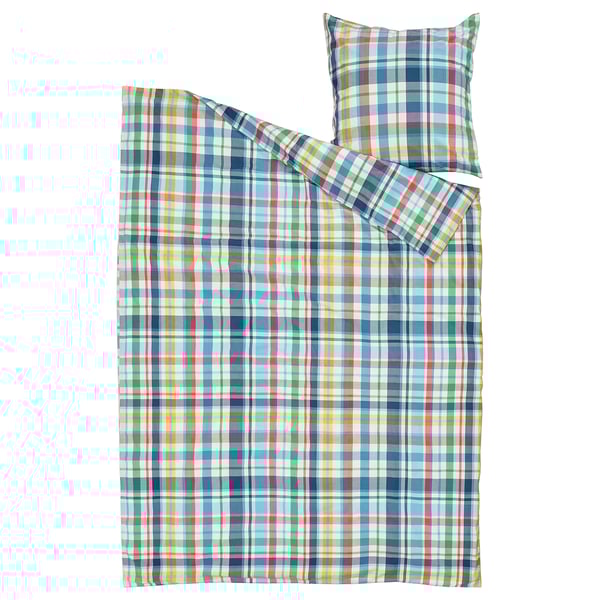 A colorful checkered duvet and pillow set, HÖSTGENTIANA, in blue and green tones, featuring a cotton-viscose blend.