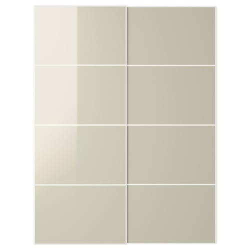 A set of beige high-gloss HOKKSUND sliding wardrobe doors with a sleek, rectangular design.