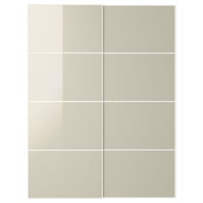 A set of beige high-gloss HOKKSUND sliding wardrobe doors with a sleek, rectangular design.