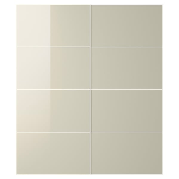 HOKKSUND high-gloss sliding door panel set in beige, 4 fiberboard panels with aluminum rail.