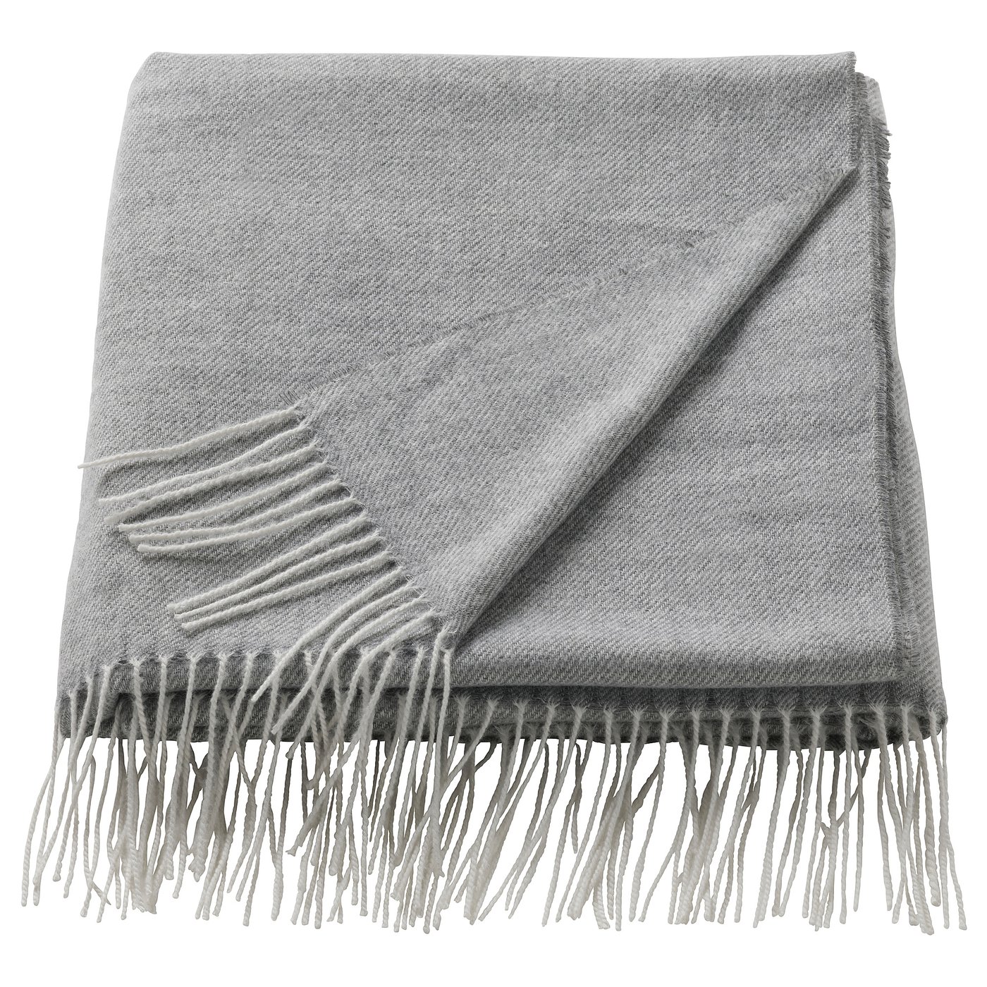 A folded grey HOLMVI throw blanket with fringed edges, made from recycled polyester.