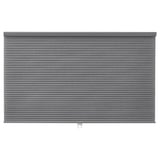 A gray HOPPVALS roller blind featuring horizontal stripes, made of polyester, suitable for darkening rooms and providing privacy.