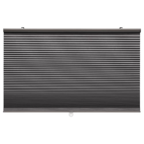 A HOPPVALS black room-darkening cellular blind, featuring a sleek, rectangular design with horizontal slats, mounted against a white background.