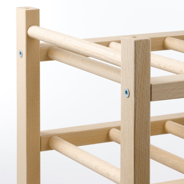 Wooden wine rack with horizontal slats for bottles, sturdy with visible screws.