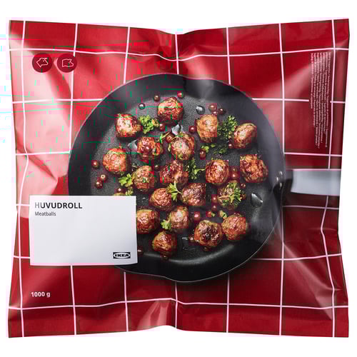 IKEA HUVUDROLL meatballs bag, 1kg, showing cooked meatballs in pan.
