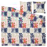 HYLSNEJLIKA duvet & pillowcases: blue, red, white flower grid on beige, recycled polyester-viscose, smooth texture.
