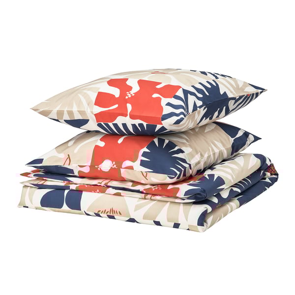 HYLSNEJLIKA duvet set, featuring colorful flower patterns on beige, folded neatly.