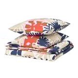 HYLSNEJLIKA duvet set, featuring colorful flower patterns on beige, folded neatly.