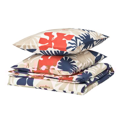 HYLSNEJLIKA duvet set, featuring colorful flower patterns on beige, folded neatly.