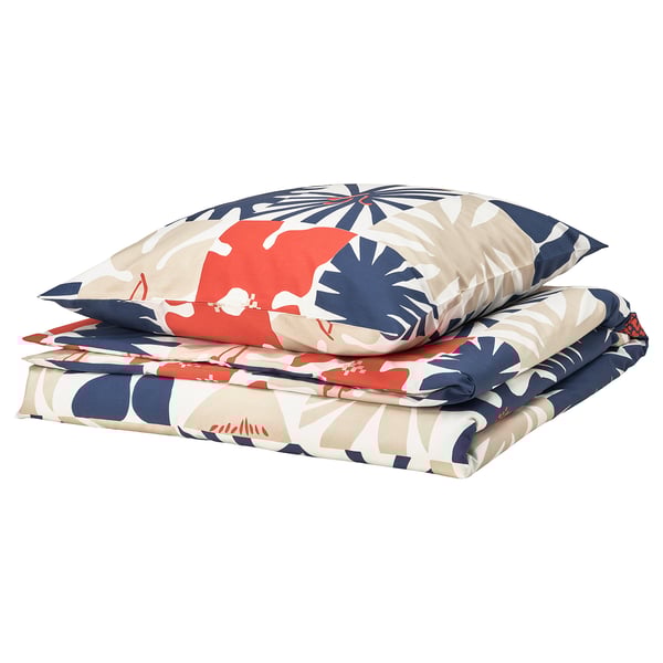 HYLSNEJLIKA bedding set, colorful floral pattern, beige, navy, red, smooth fabric, folded neatly.
