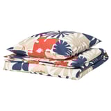 HYLSNEJLIKA bedding set, colorful floral pattern, beige, navy, red, smooth fabric, folded neatly.