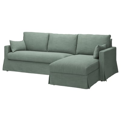 Light green HYLTARP 3-seat sofa with chaise, soft cushions, clean lines, and textured fabric.