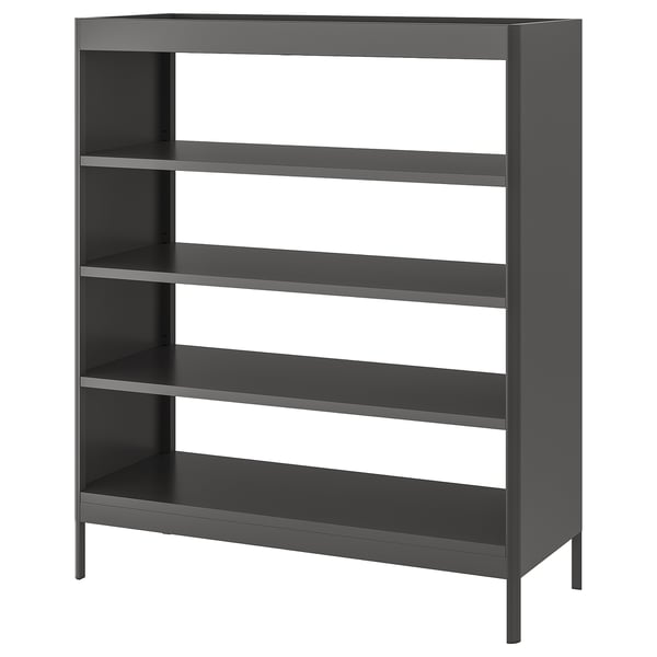 An IDÅSEN metal shelving unit in dark grey. It has four adjustable shelves and a sturdy rectangular frame. Perfect for office or home storage.