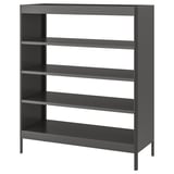 An IDÅSEN metal shelving unit in dark grey. It has four adjustable shelves and a sturdy rectangular frame. Perfect for office or home storage.