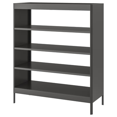 An IDÅSEN metal shelving unit in dark grey. It has four adjustable shelves and a sturdy rectangular frame. Perfect for office or home storage.