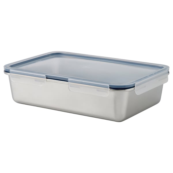 IKEA 365+ stainless steel food container with blue lid, rectangular, snap-lock design, transparent cover.