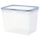 Clear plastic square container with blue lid, stackable, for food storage, by ikea.