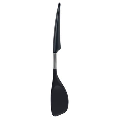 Black spatula with silicone handle and stainless steel shaft. Ergonomic grip for safe use.