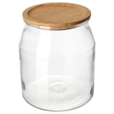IKEA 365+ glass jar, clear with bamboo lid. Round shape, transparent, tight-fitting seal.