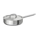 Silver stainless steel sauté pan with lid, long handle, rounded interior, and steam vent.