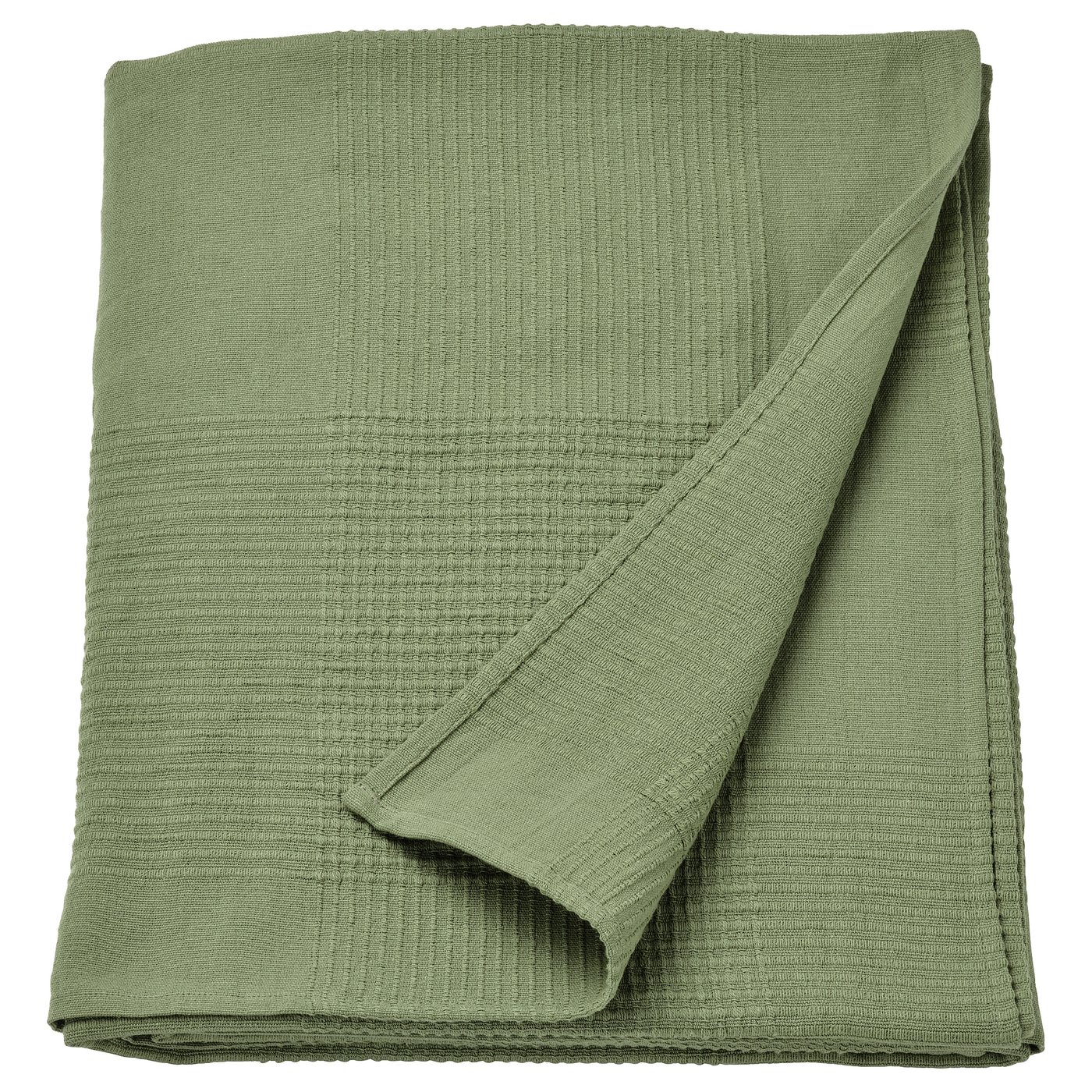 Folded green cotton INDIRA bed spread, recycled content.