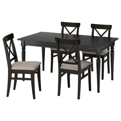 INGATORP black wooden dining set with extendable table & 4 cushioned chairs, perfect for small spaces.