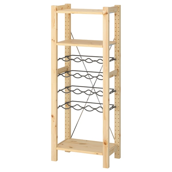 IVAR pine storage unit with metal wine racks, natural wood, rectangular shape.