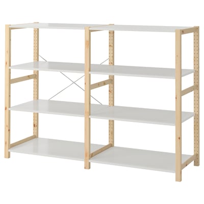 IVAR shelving unit: light pine wood frame, four adjustable grey shelves.