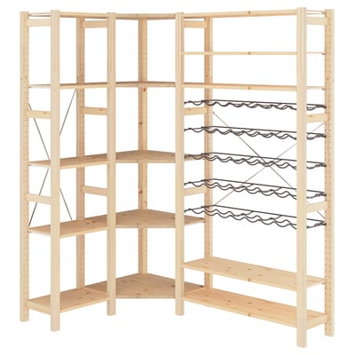 IVAR pine storage, modular shelves. Five shelves, corner style, natural finish. Ideal for various rooms, adjustable spacing, sturdy and simple design.