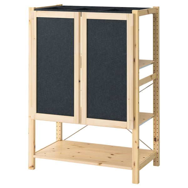 IVAR: light wood closet with black felt doors and shelf, simple design.