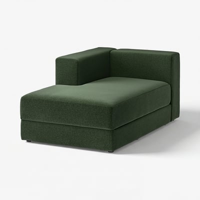 A modern, dark green, l-shaped sectional sofa with clean lines and minimalist design. It has thick cushions and a storage ottoman.