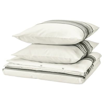 JÄTTEFRÄKEN bedding set, off-white with grey stripes, cotton and polyester, folded neatly.