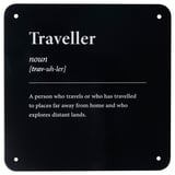 Displays a definition of traveller in white text on a black background. It provides the part of speech, pronunciation, and a brief description.