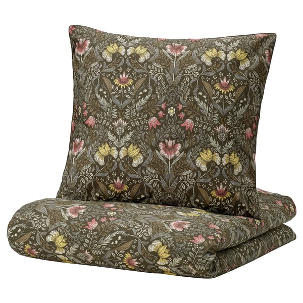 KÄRRDUNÖRT bedding set: dark green, floral, cotton/lyocell, square pillow, folded duvet.