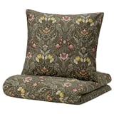 KÄRRDUNÖRT bedding set: dark green, floral, cotton/lyocell, square pillow, folded duvet.