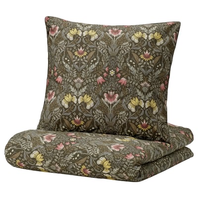 KÄRRDUNÖRT bedding set: dark green, floral, cotton/lyocell, square pillow, folded duvet.
