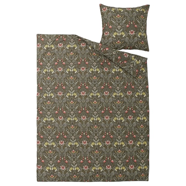KÄRRDUNÖRT bedding set: dark green, floral pattern, cotton/lyocell, rectangular duvet, square pillow.