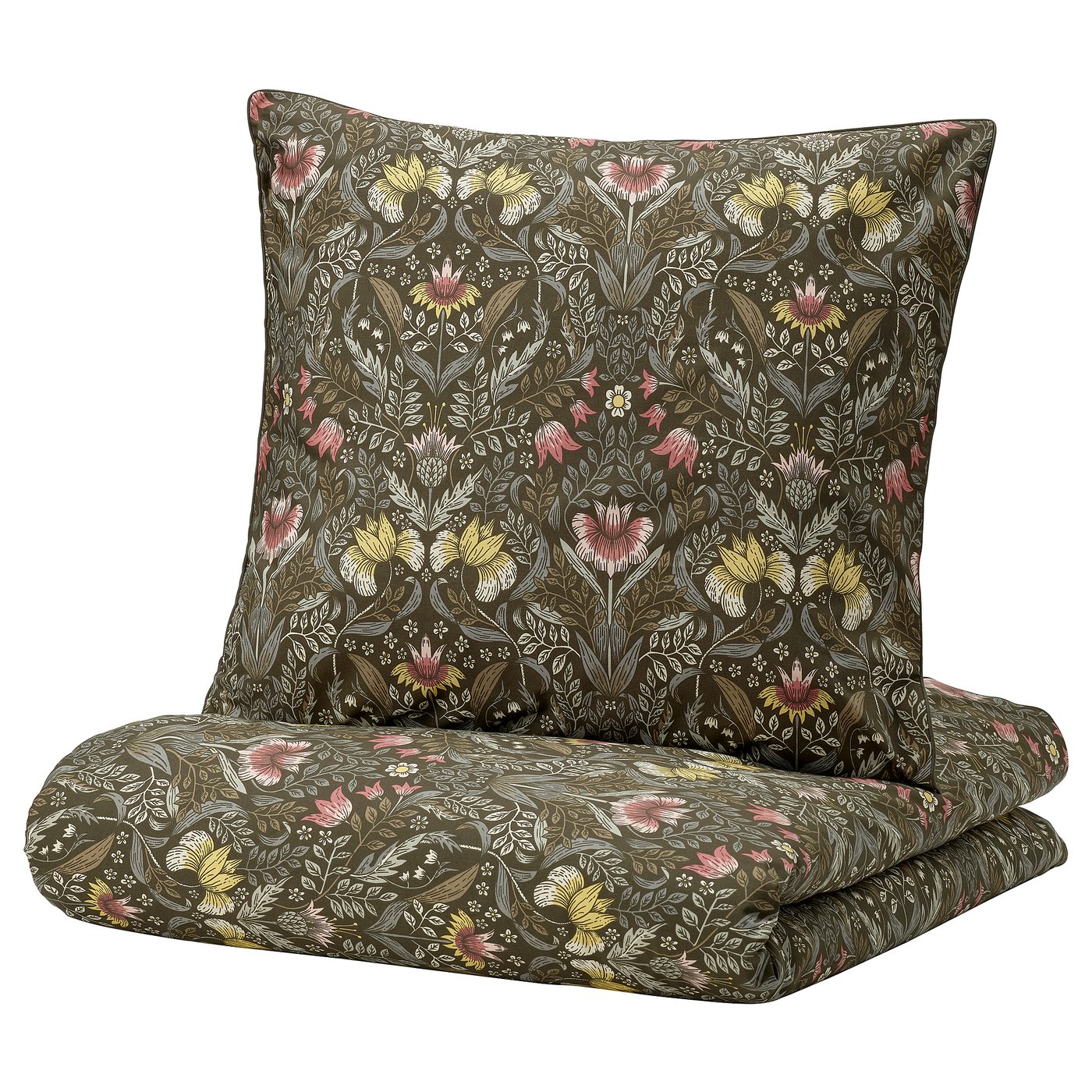 KÄRRDUNÖRT duvet & pillow - dark green, floral pattern, rectangular, soft cotton & lyocell, zip closure.