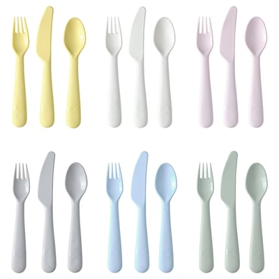 Colorful plastic utensils: forks, knives, spoons in six colors. Kids easy-grip sets.