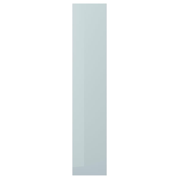 KALLARP high-gloss grey-blue kitchen cabinet door, sleek, modern, rectangular.