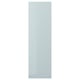 Light blue high-gloss rectangular cabinet door with sleek, straight lines. Modern minimalist kitchen design, made from recycled materials.