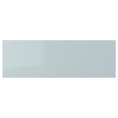 Rectangular, light blue-gray high-gloss kitchen cabinet front, smooth surface.