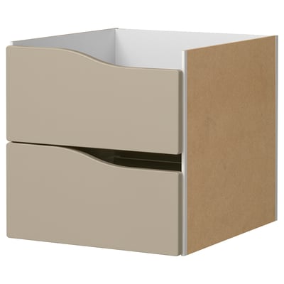 Beige KALLAX storage unit with two drawers, square shape, sleek design.
