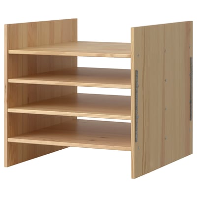 KALLAX: pine wood shelf unit, light brown, rectangular, four equal compartments, natural solid wood design.