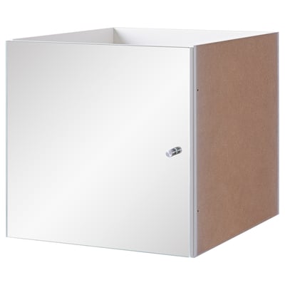 KALLAX cube organizer, white, with mirror door, square shape, minimalist design.
