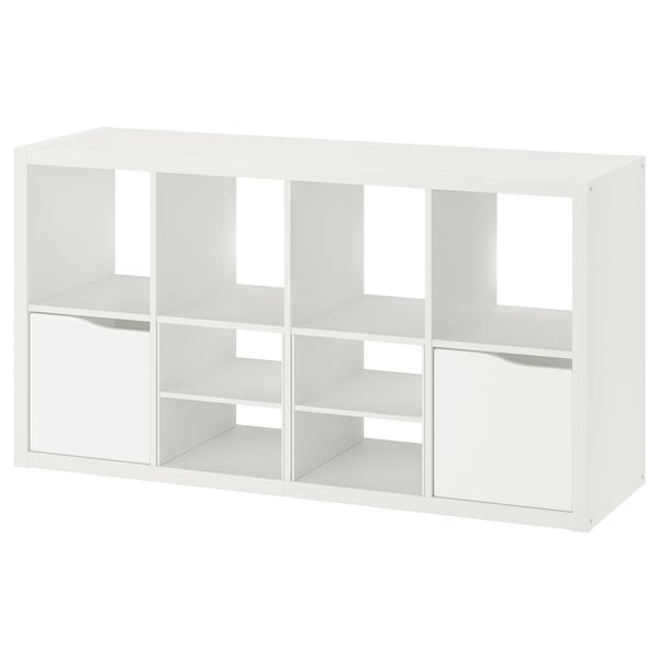 Ikea KALLAX white bookshelf, modular with open and closed sections, minimalist design.