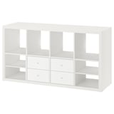 A white ikea KALLAX shelving unit with open and drawer sections. It a modern, modular design ideal for storage and organization.
