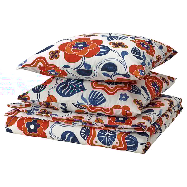 KANONVISKA bedding set: white with red and blue floral print, soft cotton/viscose, square pillows.