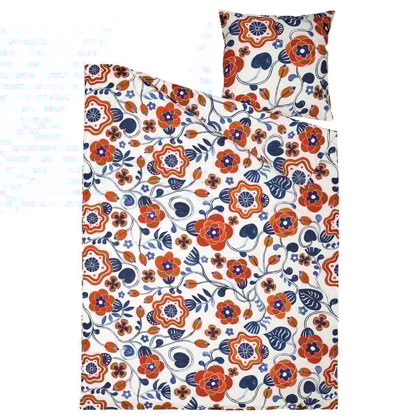 KANONVISKA floral bedding set in red, blue, white. Cotton, viscose, duvet & pillowcase with hand-painted design.