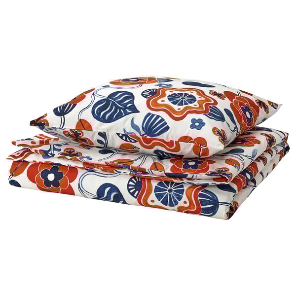 KANONVISKA duvet set: white with orange, blue floral print, cotton/viscose, soft, hand-painted nature design.